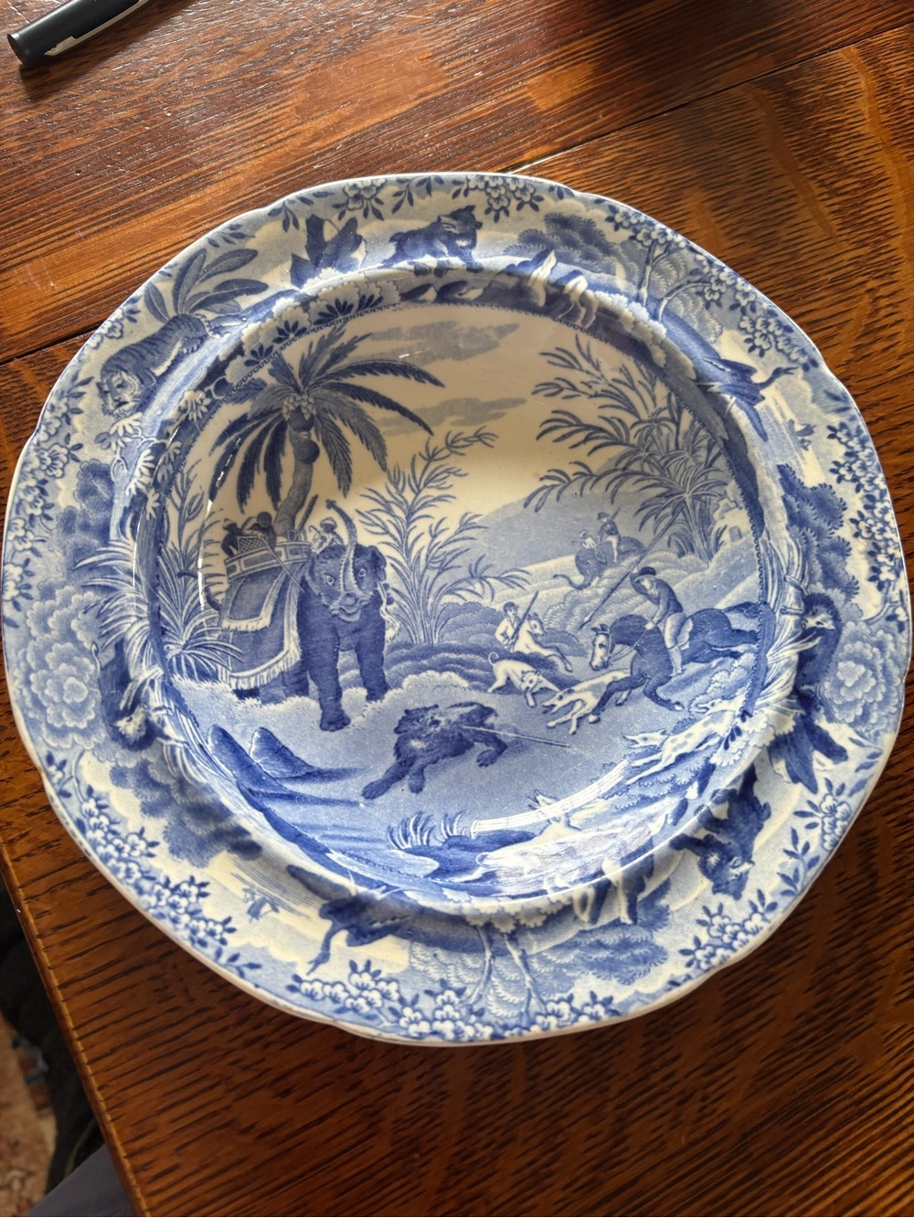 Spode Vintage Blue and White Transferware Plate with Elephant and Hunting Scene